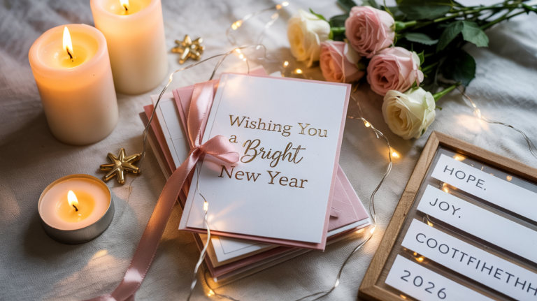 Festive flat-lay of greeting cards, candles, gifts, and notes symbolizing meaningful ways to send best wishes in 2026