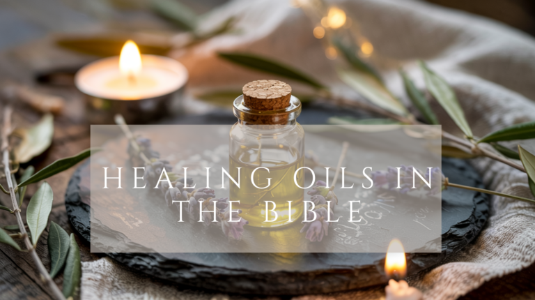Glass vial of golden anointing oil surrounded by olive leaves, candles, and linen cloth in a biblical healing setting