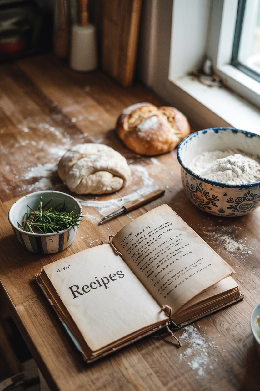 Home kitchen scene with fresh ingredients, handwritten recipe book, and food being prepared for family meals