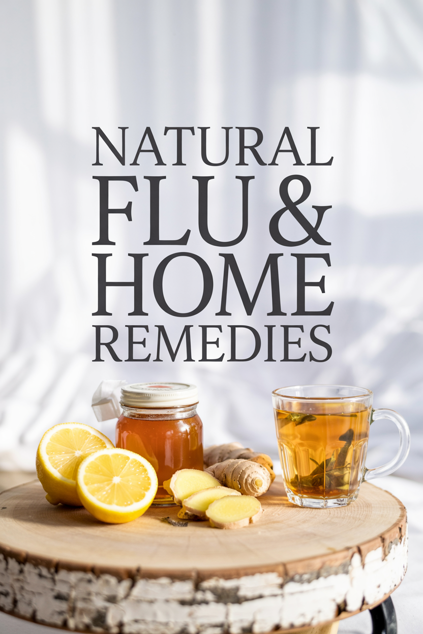Natural flu and home remedies with lemon, honey, ginger, and herbal tea on a light wooden table