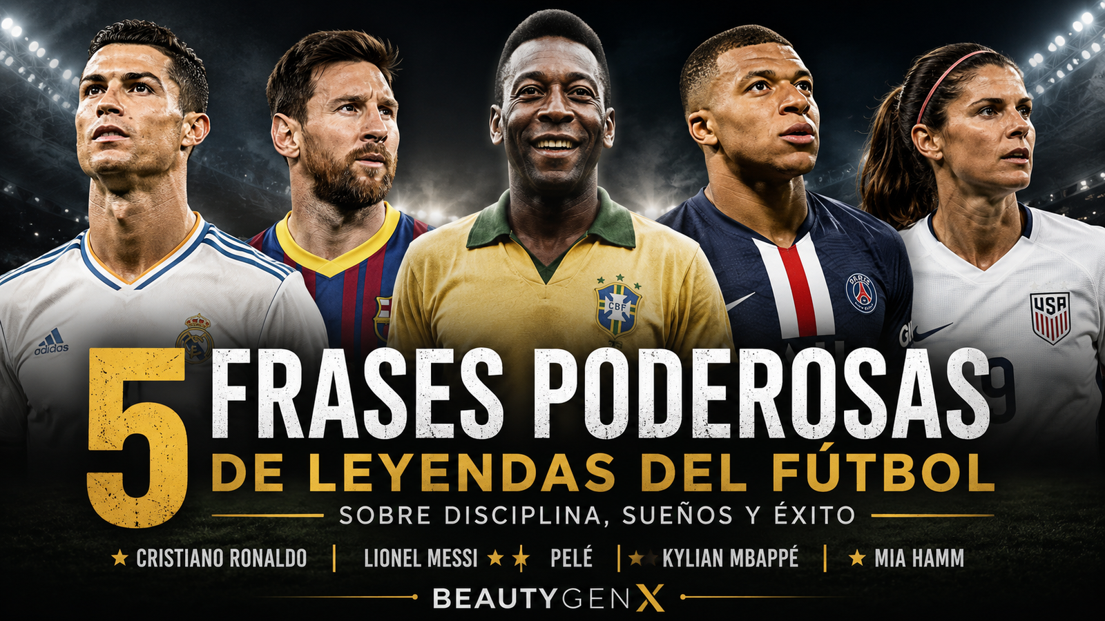 Collage-style featured image of five legendary soccer players with a bold sports editorial design for an article about inspiring soccer quotes and mindset.
