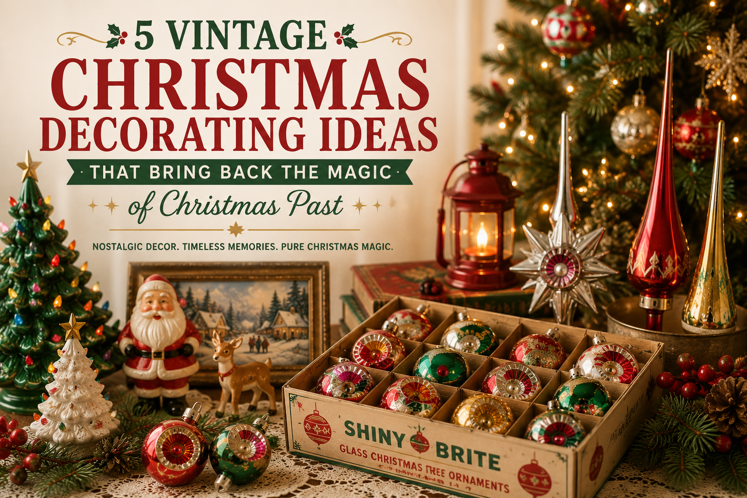 Collection of colorful vintage Christmas ornaments, glass tree toppers and nostalgic holiday decorations inspired by classic Christmas decor.