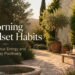 Mediterranean garden patio with warm morning sunlight, greenery, and peaceful outdoor seating, symbolizing calm morning mindset habits and energy protection.