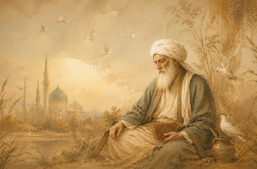 Nostalgic illustration inspired by Rumi, showing a Persian poet writing beside a peaceful landscape.