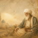 Nostalgic illustration inspired by Rumi, showing a Persian poet writing beside a peaceful landscape.