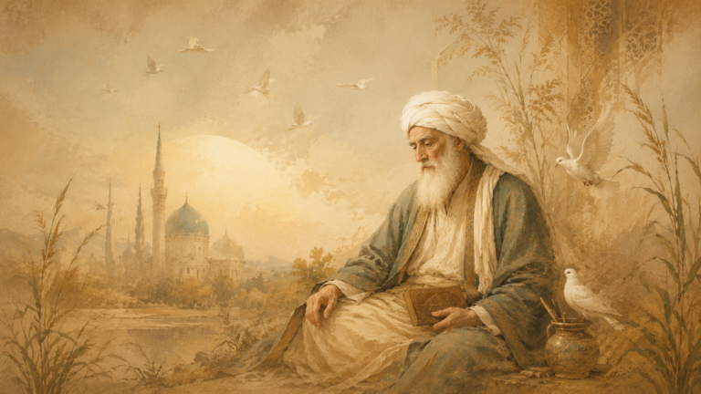Nostalgic illustration inspired by Rumi, showing a Persian poet writing beside a peaceful landscape.
