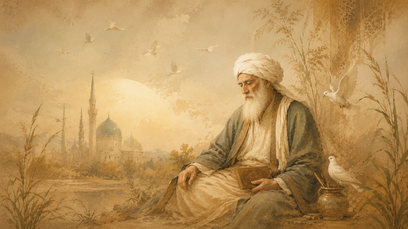 Nostalgic illustration inspired by Rumi, showing a Persian poet writing beside a peaceful landscape.