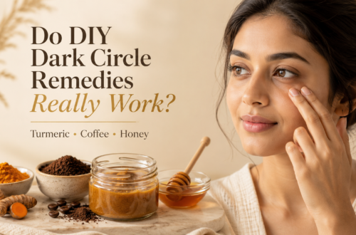 Woman touching her under-eye area beside turmeric, coffee, honey, and a homemade skincare mixture for an article examining whether DIY dark circle remedies really work.
