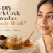 Woman touching her under-eye area beside turmeric, coffee, honey, and a homemade skincare mixture for an article examining whether DIY dark circle remedies really work.