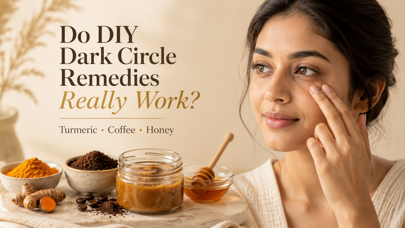 Woman touching her under-eye area beside turmeric, coffee, honey, and a homemade skincare mixture for an article examining whether DIY dark circle remedies really work.