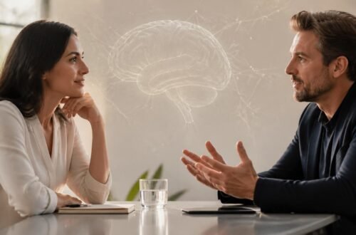 Man and woman in thoughtful conversation with subtle brain imagery representing neuroscience and intelligence research