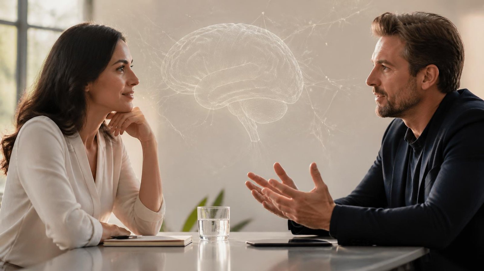 Man and woman in thoughtful conversation with subtle brain imagery representing neuroscience and intelligence research