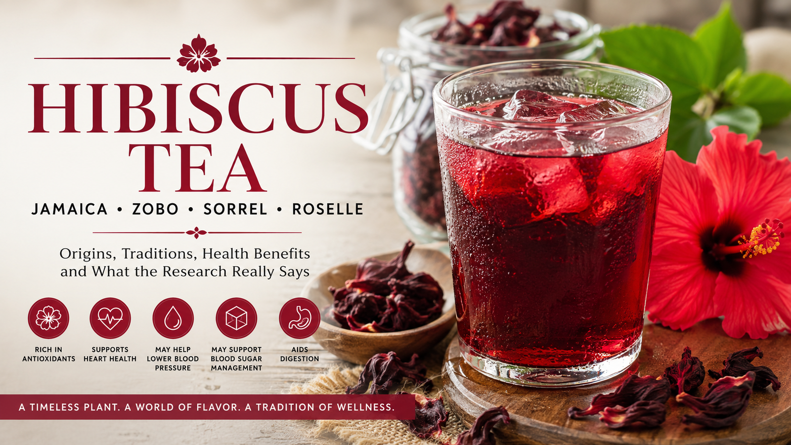 Glass of deep red hibiscus tea with dried hibiscus calyces and a hibiscus flower, illustrating the global names, traditions and researched health properties of hibiscus.