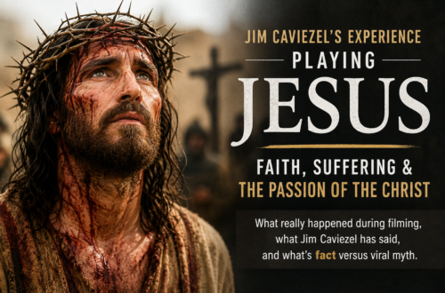 Editorial image illustrating Jim Caviezel’s experience portraying Jesus in The Passion of the Christ, with a crown of thorns and text about faith, suffering and filming.