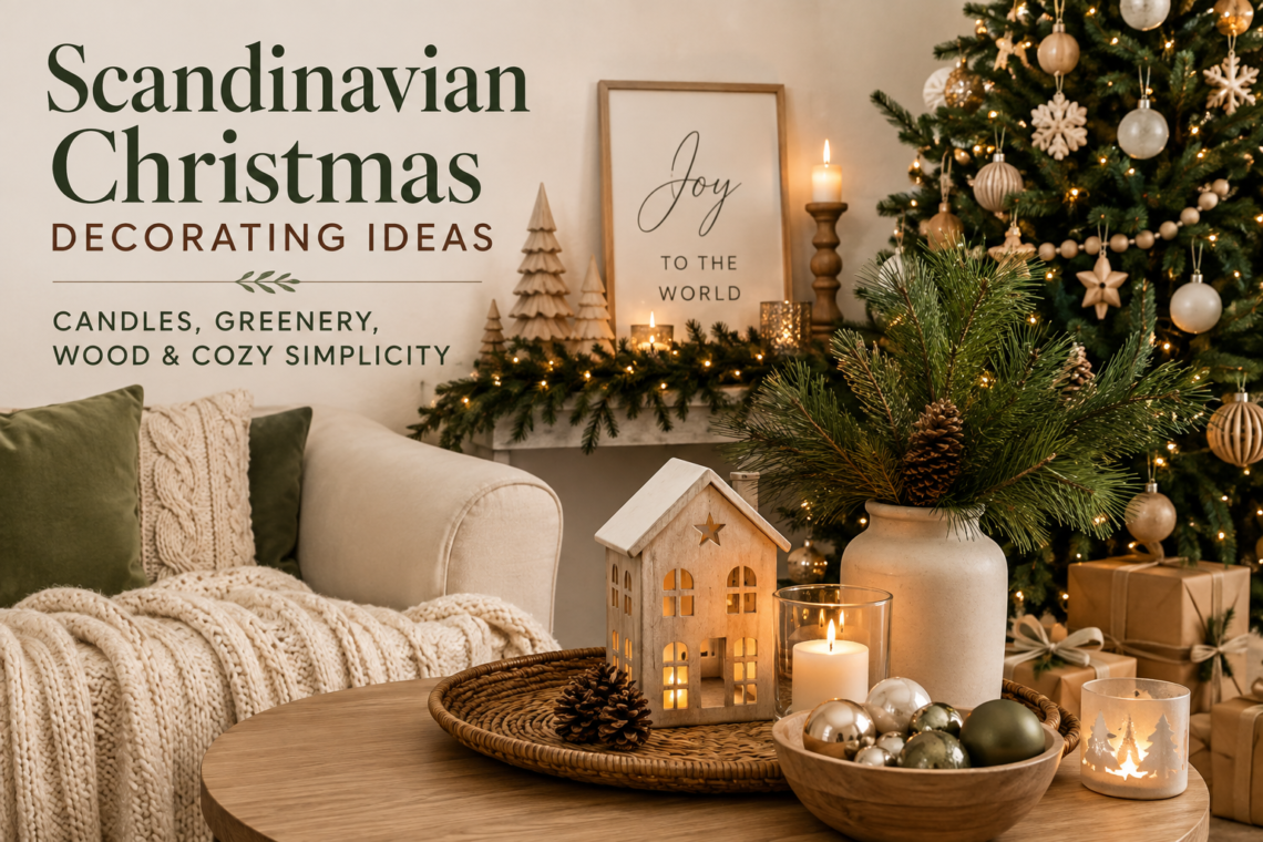 Scandinavian Christmas living room with candles, evergreen garlands, natural wood décor, cozy knit blankets, neutral ornaments, and warm holiday lighting.