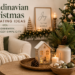 Scandinavian Christmas living room with candles, evergreen garlands, natural wood décor, cozy knit blankets, neutral ornaments, and warm holiday lighting.