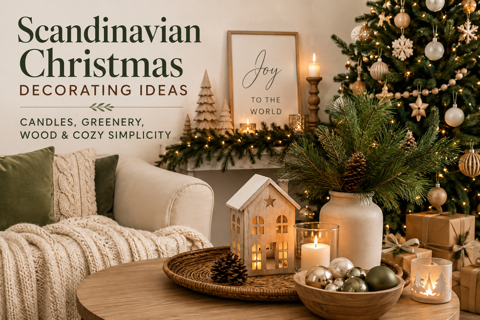 Scandinavian Christmas living room with candles, evergreen garlands, natural wood décor, cozy knit blankets, neutral ornaments, and warm holiday lighting.