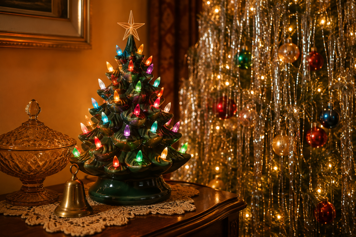 Vintage Christmas ornaments on a nostalgic holiday tree with mercury glass, Shiny Brite ornaments, warm lights, and silver tinsel.