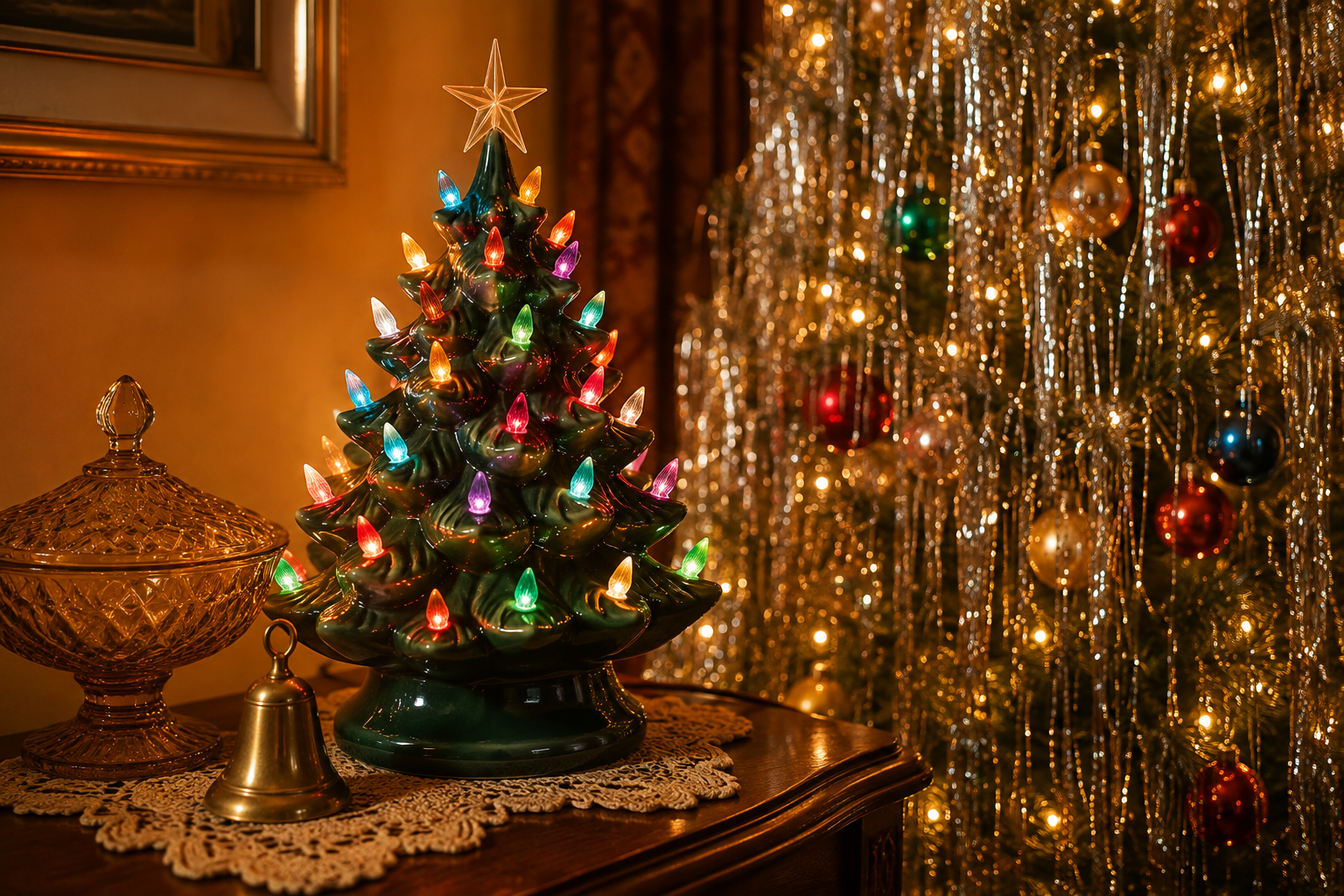 Vintage Christmas ornaments on a nostalgic holiday tree with mercury glass, Shiny Brite ornaments, warm lights, and silver tinsel.