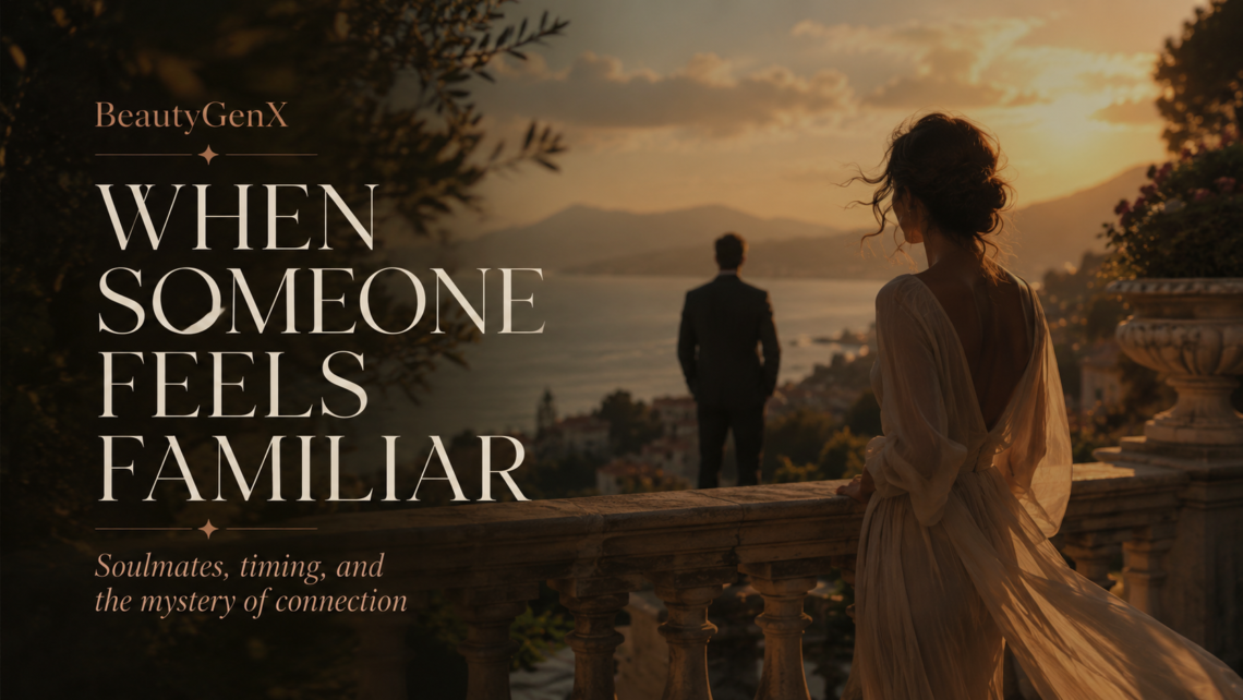 Woman overlooking a sunset terrace with a distant man, illustrating soulmates, emotional connection, intuition, timing, and the feeling that someone is strangely familiar.