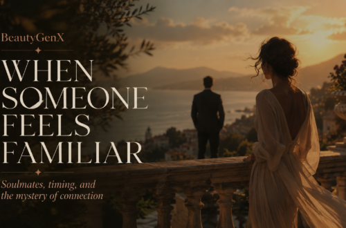 Woman overlooking a sunset terrace with a distant man, illustrating soulmates, emotional connection, intuition, timing, and the feeling that someone is strangely familiar.