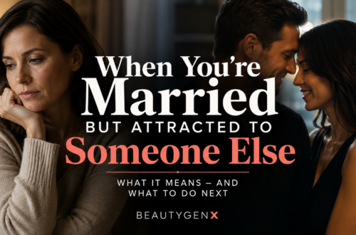 Editorial image showing a thoughtful married woman on one side and an affectionate couple on the other, illustrating emotional conflict and attraction outside a committed relationship.