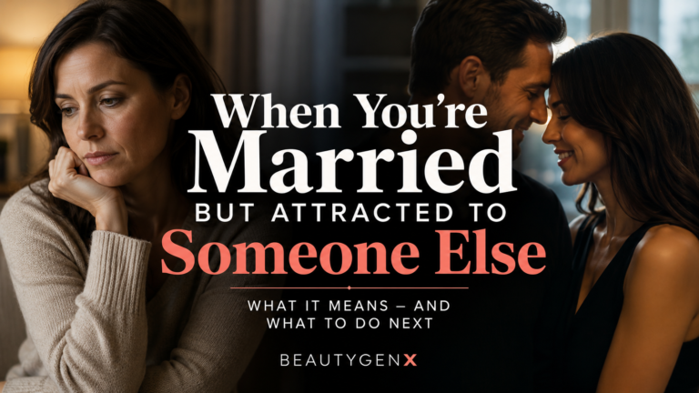 Editorial image showing a thoughtful married woman on one side and an affectionate couple on the other, illustrating emotional conflict and attraction outside a committed relationship.