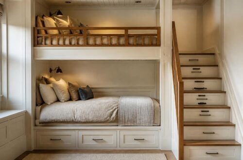 Beautifully designed built-in bunk bed room with wood millwork, built-in stairs with drawers, and individual reading lights