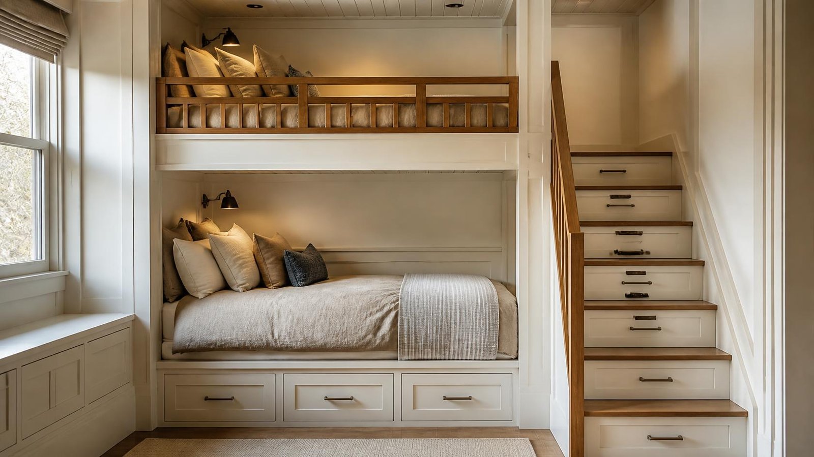 Beautifully designed built-in bunk bed room with wood millwork, built-in stairs with drawers, and individual reading lights