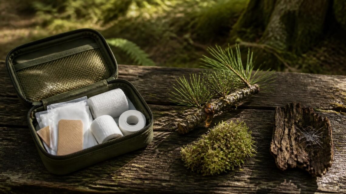 First aid kit beside pine resin, moss and spiderweb representing a fact-check of bushcraft wound remedies