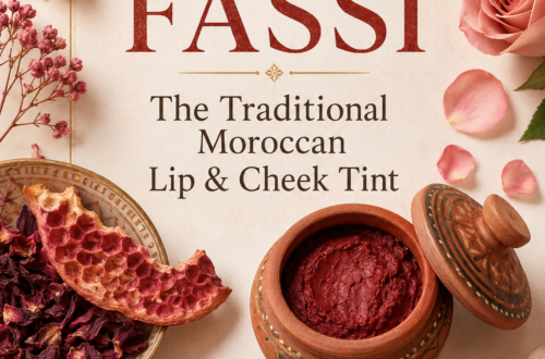 Traditional Moroccan Aker Fassi lip and cheek tint displayed in a decorated terracotta pot with dried petals, pomegranate, red pigment, and elegant gold accents.