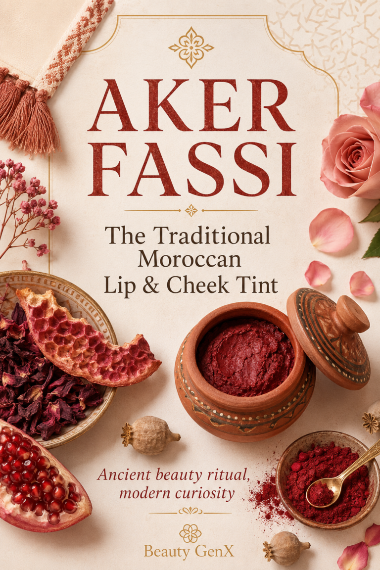 Traditional Moroccan Aker Fassi lip and cheek tint displayed in a decorated terracotta pot with dried petals, pomegranate, red pigment, and elegant gold accents.