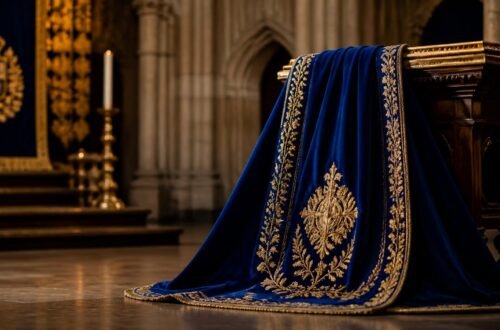Elegant ceremonial velvet robe with gold trim evoking British royal regalia and tradition