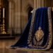 Elegant ceremonial velvet robe with gold trim evoking British royal regalia and tradition
