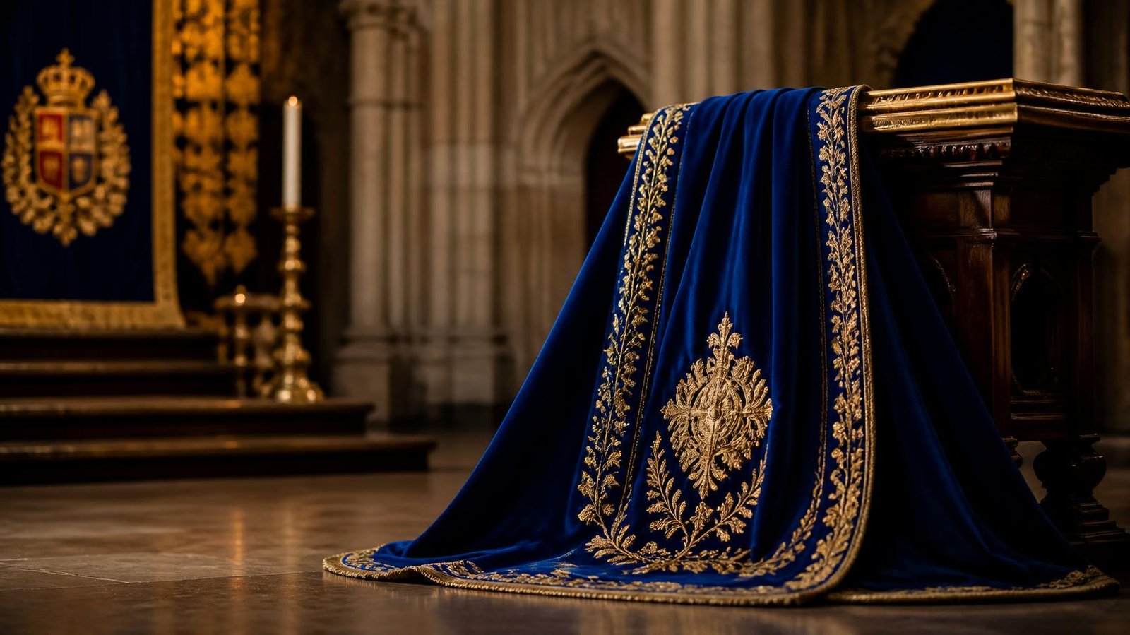 Elegant ceremonial velvet robe with gold trim evoking British royal regalia and tradition