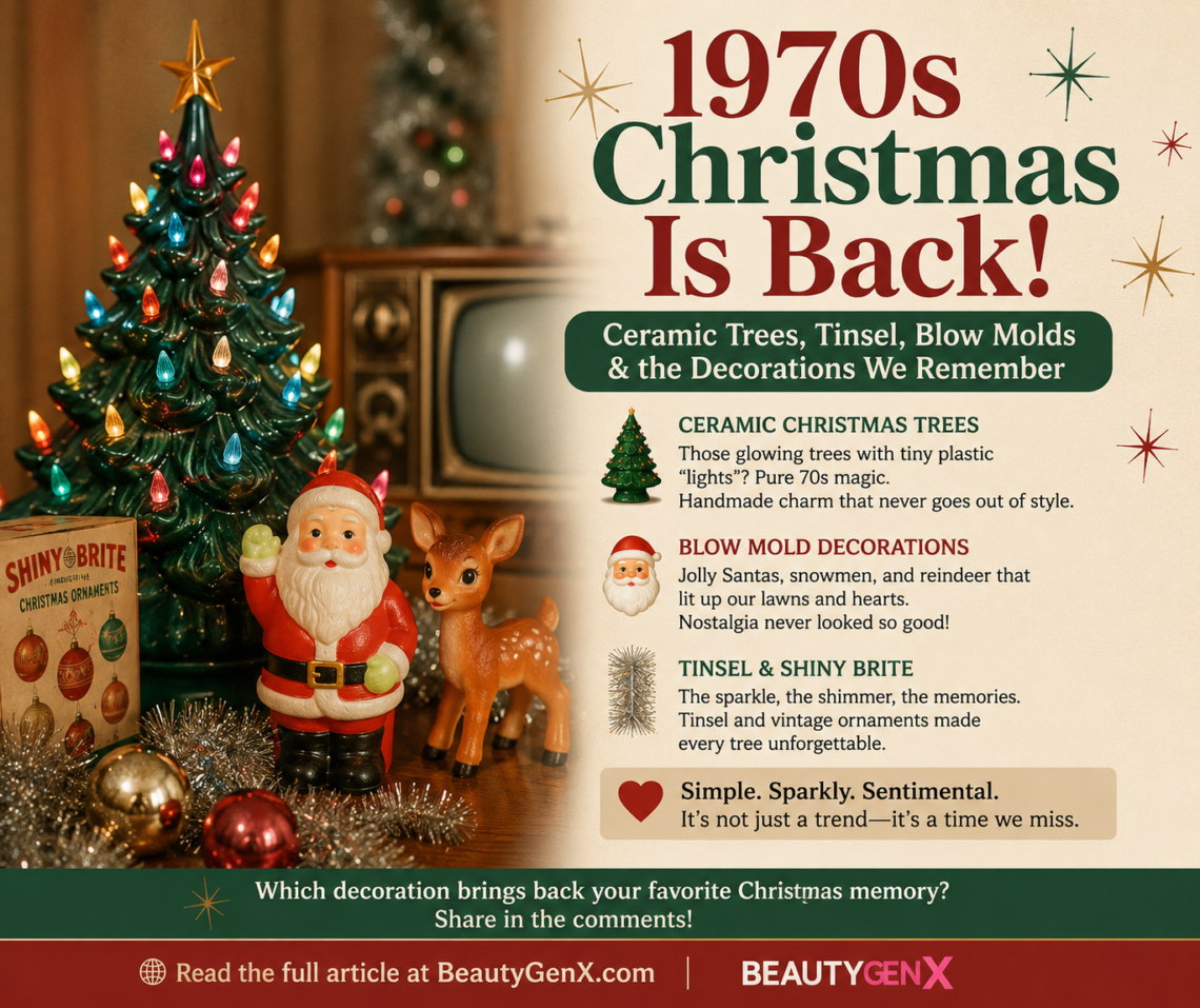 1970s Christmas decorations featuring a glowing ceramic tree, blow mold Santa, reindeer, silver tinsel, vintage ornaments, and a retro television.