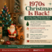 1970s Christmas decorations featuring a glowing ceramic tree, blow mold Santa, reindeer, silver tinsel, vintage ornaments, and a retro television.