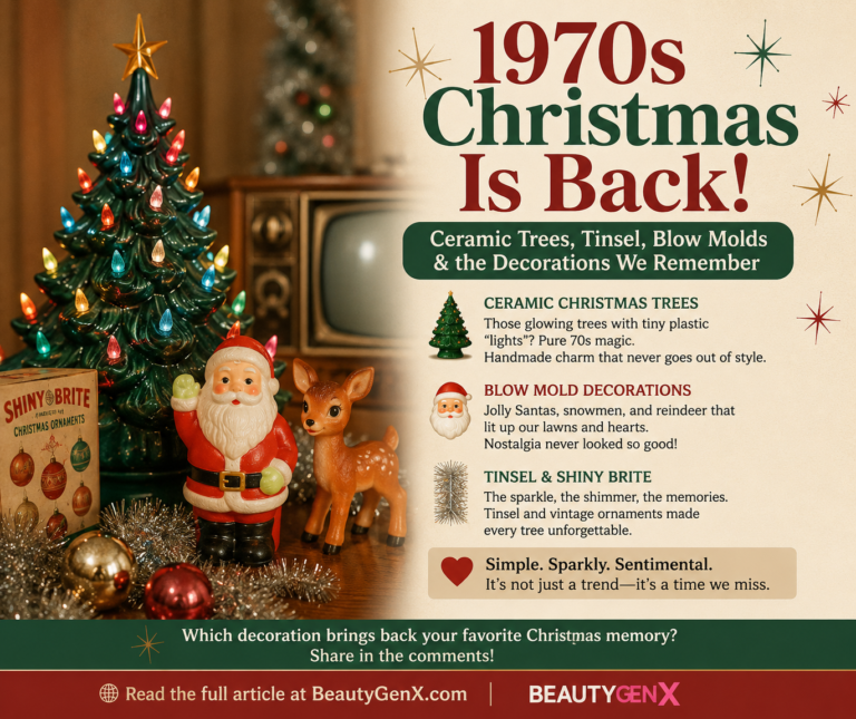 1970s Christmas decorations featuring a glowing ceramic tree, blow mold Santa, reindeer, silver tinsel, vintage ornaments, and a retro television.