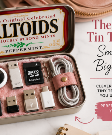 Open Altoids tin repurposed as a compact tech organizer holding a tracker, USB drives, microSD card, adapters, SIM tool and charging cable.