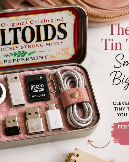 Open Altoids tin repurposed as a compact tech organizer holding a tracker, USB drives, microSD card, adapters, SIM tool and charging cable.