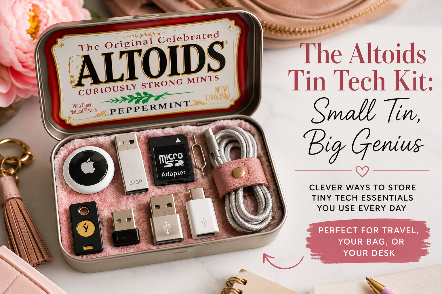 Open Altoids tin repurposed as a compact tech organizer holding a tracker, USB drives, microSD card, adapters, SIM tool and charging cable.