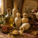 Ancient biblical beauty scene featuring myrrh, frankincense, olive oil, alabaster perfume jars, woven fabrics, and traditional Middle Eastern décor inspired by biblical times.