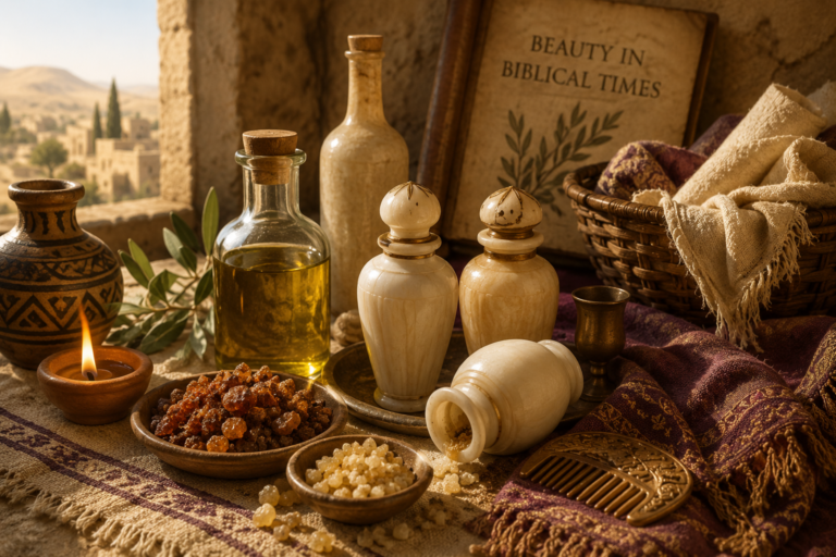 Ancient biblical beauty scene featuring myrrh, frankincense, olive oil, alabaster perfume jars, woven fabrics, and traditional Middle Eastern décor inspired by biblical times.