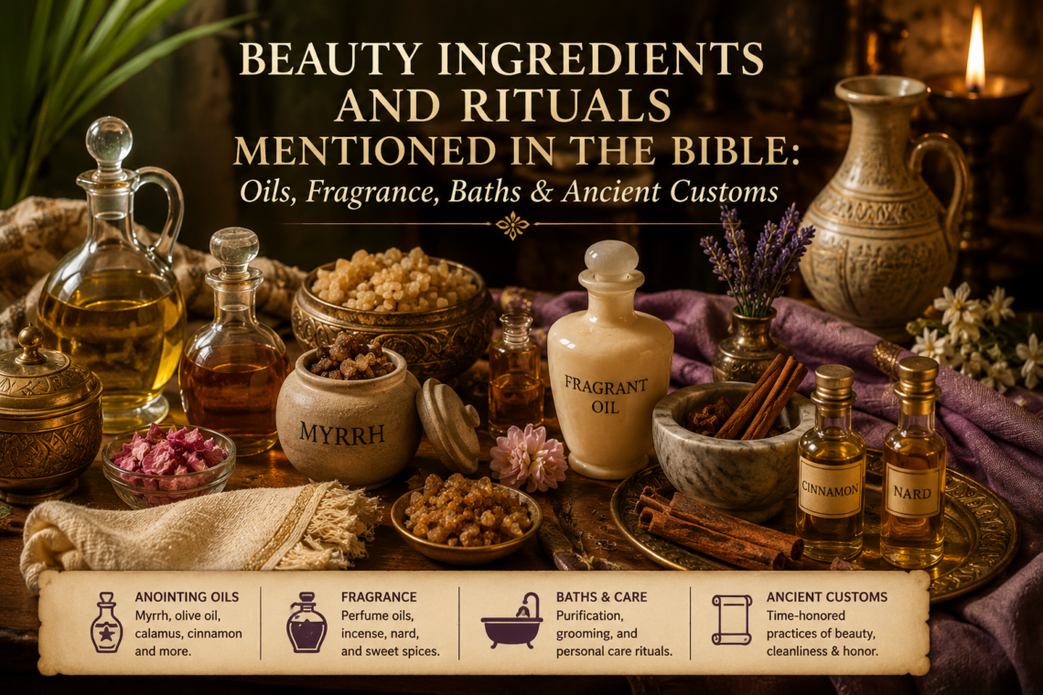 Ancient biblical beauty ingredients including myrrh, frankincense, olive oil, perfume vessels, spices, and traditional grooming items arranged on a candlelit table.