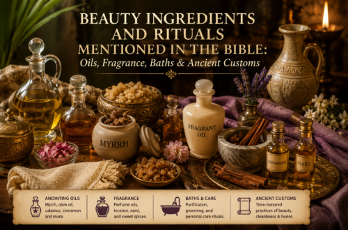 Ancient biblical beauty ingredients including myrrh, frankincense, olive oil, perfume vessels, spices, and traditional grooming items arranged on a candlelit table.