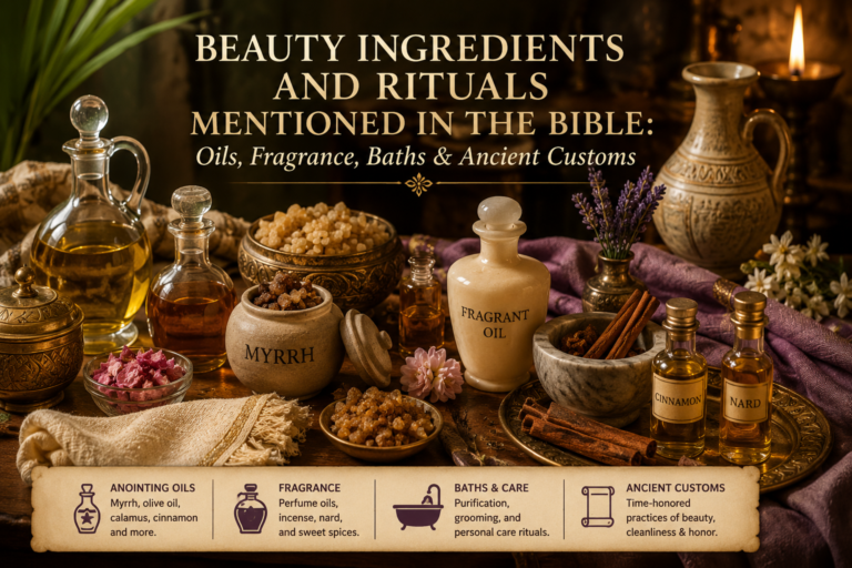 Ancient biblical beauty ingredients including myrrh, frankincense, olive oil, perfume vessels, spices, and traditional grooming items arranged on a candlelit table.