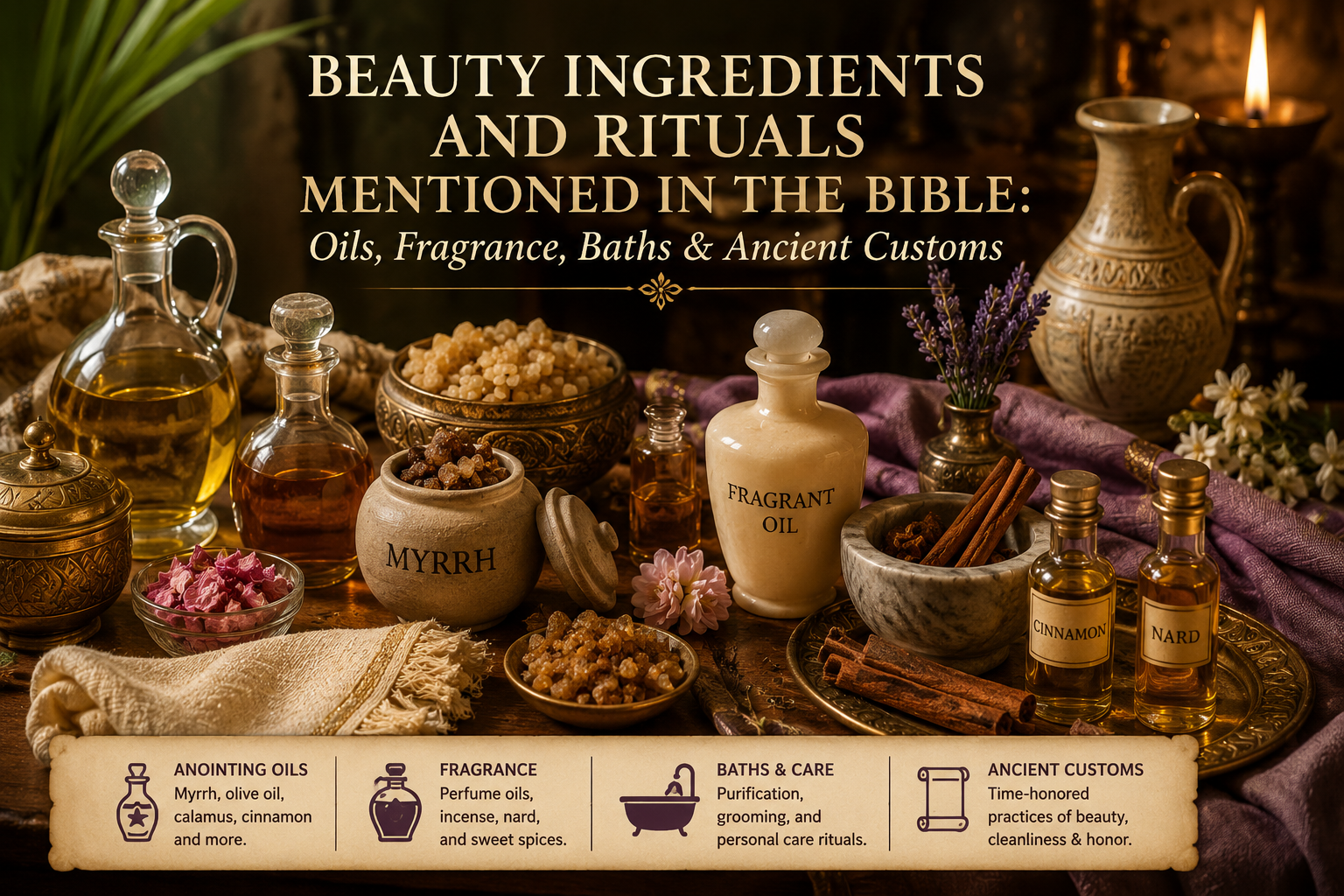 Ancient biblical beauty ingredients including myrrh, frankincense, olive oil, perfume vessels, spices, and traditional grooming items arranged on a candlelit table.