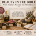 Beauty in the Bible infographic featuring an open Bible, olive oil, perfume oils, myrrh, rose petals, clay, herbs, honey, and Scripture about inner beauty.