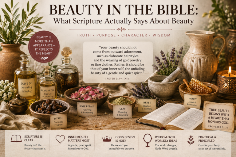 Beauty in the Bible infographic featuring an open Bible, olive oil, perfume oils, myrrh, rose petals, clay, herbs, honey, and Scripture about inner beauty.