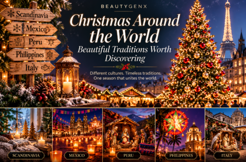 Christmas traditions from around the world featuring festive scenes inspired by Scandinavia, Mexico, Peru, the Philippines, and Italy.